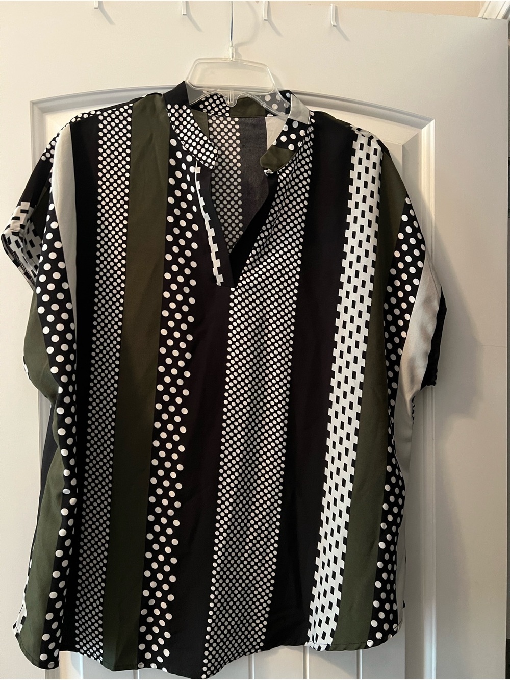SHEIN Olive Green, Black & White Striped Dot Print Tunic Top